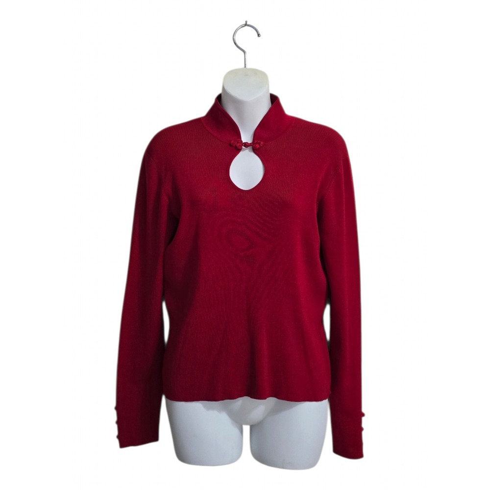 Talbots Vintage Mandarin Collar Key Hole Long Sleeve Silk Blend Top Sz M